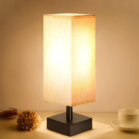 Small table lamp for bedroom, bedside nightstand lamp, minimalist desk lamp with square fabric lampshade, suitable for kids room, living room, office and dorm