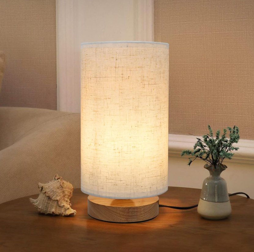 Minimalist small bedside table lamp for bedroom, nightstand lamp with round linen fabric shade, reading desk lamp for kids room, living room, dorm, home and office