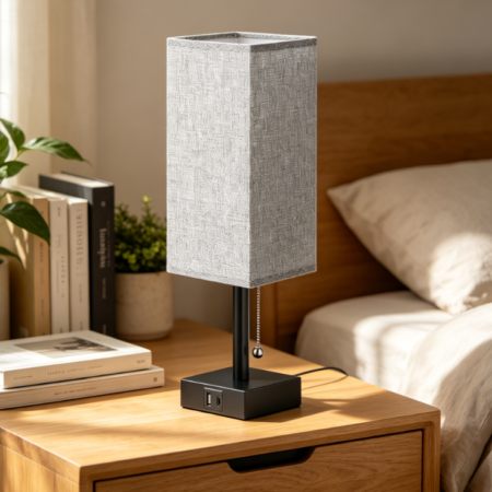 Gray bedroom table lamp set, bedside nightstand lamps with simple pull chain and USB charging ports, ideal for dorm and kids room